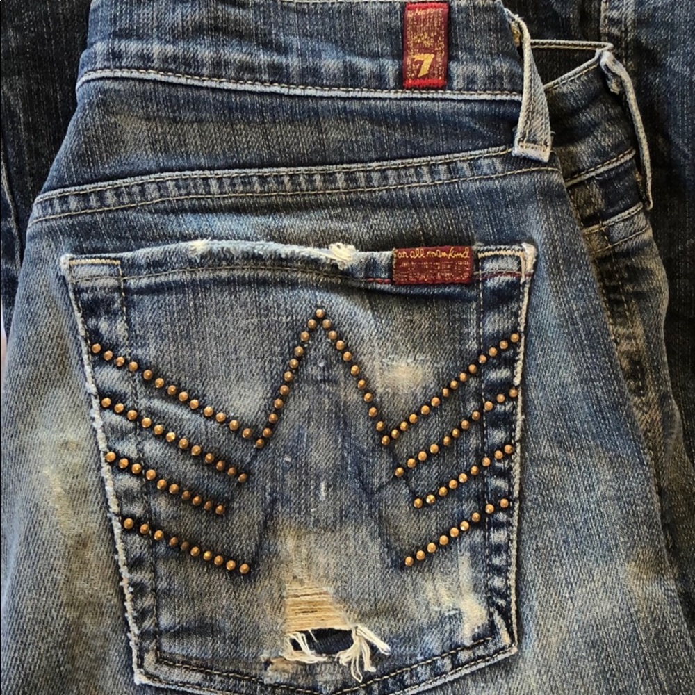 Men’s 7 for All Mankind Vintage Distressed ripped rugged studded A-pocket Jeans - Picture 5 of 8